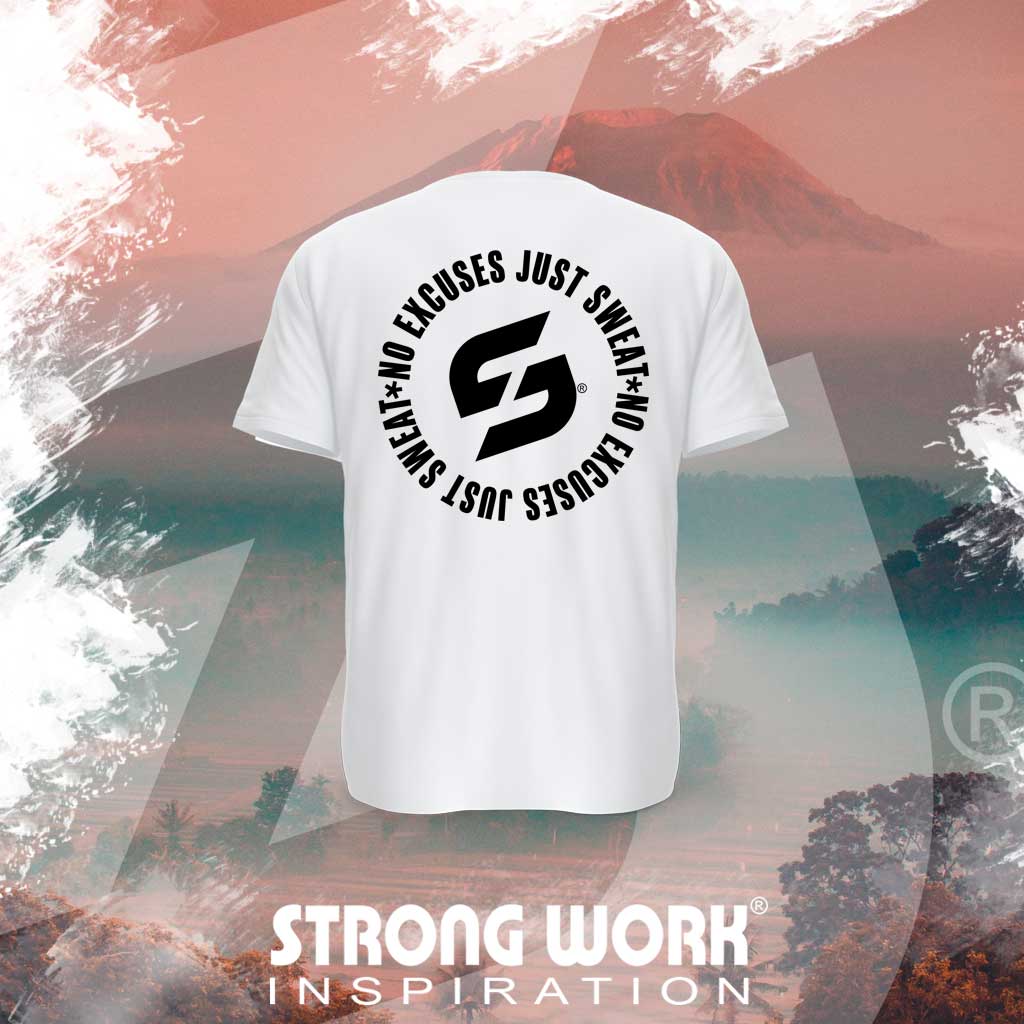 T-SHIRT EN COTON BIO STRONG WORK NO EXCUSES JUST SWEAT POUR FEMME VUE DOS - VETEMENT DE SPORT ECO-RESPONSABLE