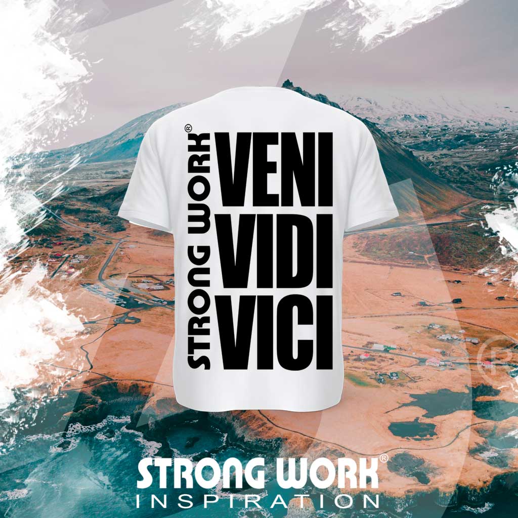 T-SHIRT EN COTON BIO STRONG WORK VENI VIDI VICI POUR FEMME VUE DOS - VETEMENT DE SPORT ECO-RESPONSABLE